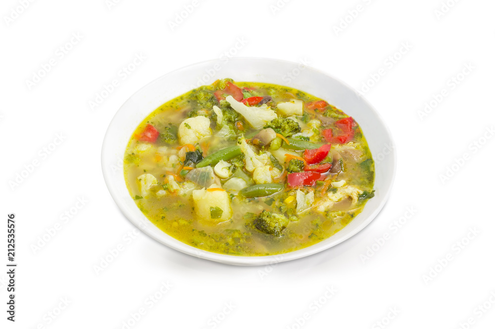 Bowl of the vegetable soup on a white background
