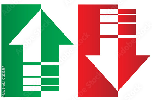 Up and down arrows. Upward, downward arrows in green and red from thin to thick and divided into two parts isolated on white background, set of two. Flat style eps 10 vector illustration.
