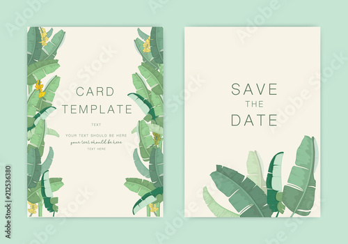 Wedding Invitation banana leaf and tropical palm decorative Vector elegant rustic template