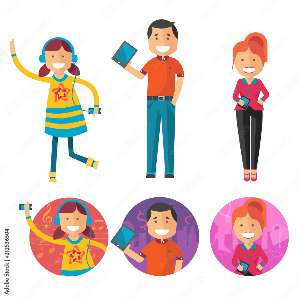 Family with gadget. Father, mother and daughter modern style characters. Family with gadget. Father, mother and daughter modern style characters.