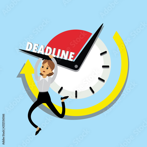 Sad caucasian Businesswoman hanging on the clock arrow