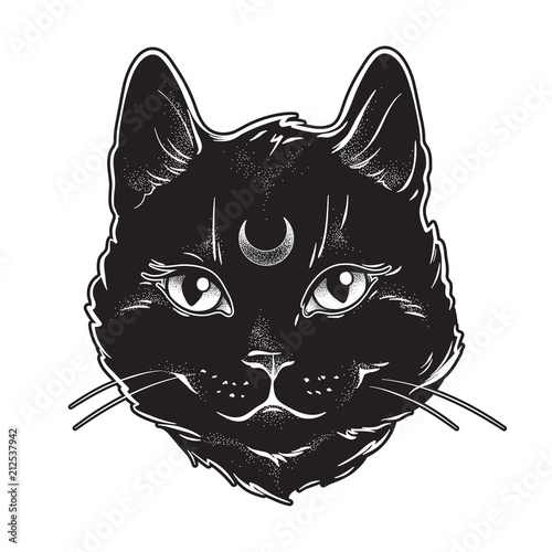 Cute black cat with moon on his forehead line art and dot work. Wiccan familiar spirit, halloween or pagan witchcraft theme tapestry print design vector illustration.