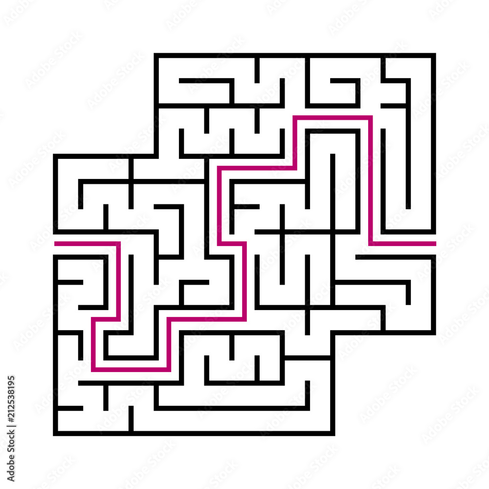Black square maze for children. Simple flat vector illustration isolated on white background. With the answer. With a place for your images. Black square maze for children. Simple flat vector illustration isolated on white background. With the answer. With a place for your images.