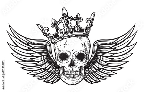 Human skull with wings and crown for tattoo design. vector illustration