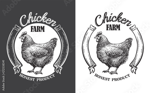Chicken farm emblem sketch on white background.. Vector illustration