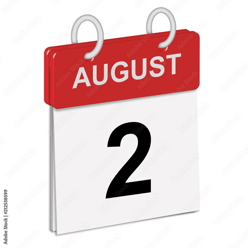 Daily calendar of single-leaf rings, red spine, 3d,illustration, day,august,second, 2nd Daily calendar of single-leaf rings, red spine, 3d,illustration, day,august,second, 2nd