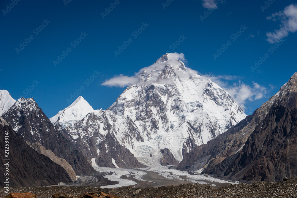 Naklejka premium K2 mountain peak, second highest mountain peak in the world, K2 base camp trekking route in Karakoram mountains range, Pakistan, Asia