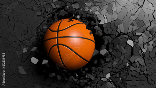 Basketball ball breaking forcibly through a black wall. 3d illustration.