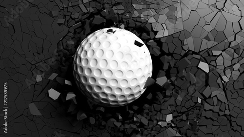 Fototapeta Naklejka Na Ścianę i Meble -  Golf ball breaking forcibly through a black wall. 3d illustration.