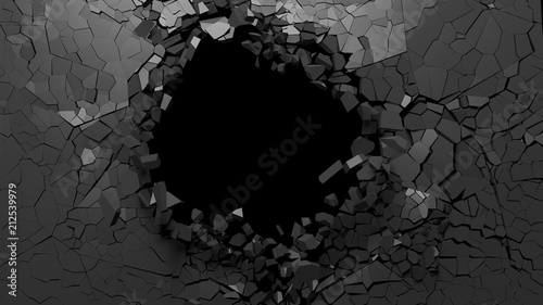 Fototapeta Naklejka Na Ścianę i Meble - Hole on a broken black wall blank space. 3d illustration.