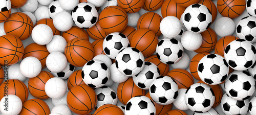 Sports concept. Basketball, volleyball and soccer balls, banner. 3d illustration.