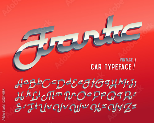 Czcionka zabytkowego samochodu o nazwie „Frantic” z efektem 3D Crome na błyszczącym czerwonym tle