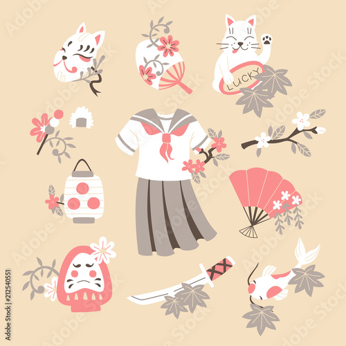 Japan Colored Doodle Sketch Elements Set: School Uniform, Katana, Koi, Lucky Cat and Paper Lantern. © demonova