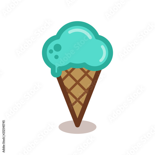 Colorful melting ice cream balls in the waffle cone isolated on white background. Vector flat line icon.