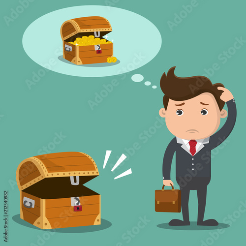 Business man is confused with empty treasure box. Business financial concept.Vector illustration.