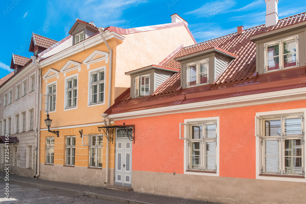 Tallinn in Estonia, colorful houses in the medieval city, typical buildings

