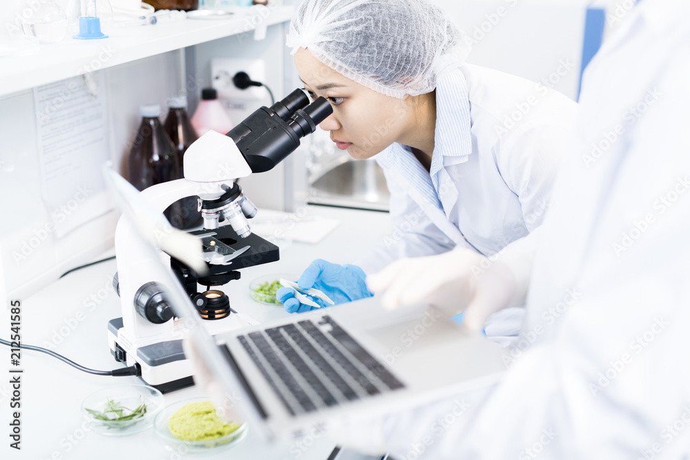 Fototapeta premium Side view portrait of Asian female scientist looking in microscope while doing research in medical laboratory