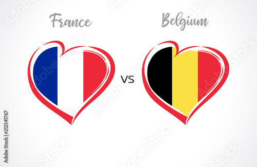 France vs Belgium flags, national team soccer on white background. French and Belgian national flag in a heart, button vector. Football world championship semi-final of the competition 2018