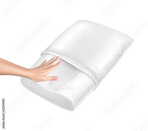 Vector 3d realistic orthopedic pillow from natural latex with memory effect. Hand touches white cozy cushion and leaves the trace. Comfortable bedding with orthopaedic, therapeutic effect