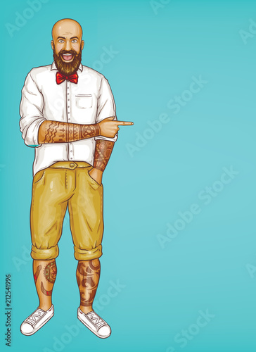 Vector pop art excited tattooed bald man with beard in white shirt points with finger at sales, discounts. Shocked, surprised character isolated on blue background. Sale, ad poster, banner.