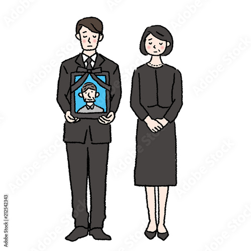 遺影をもつ遺族　イラスト
