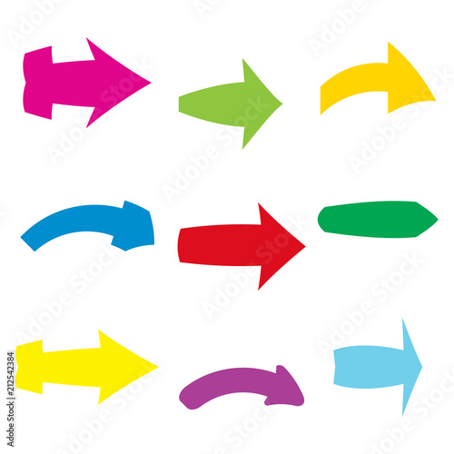 Set of nine multicolored various arrows. Vector illustration 