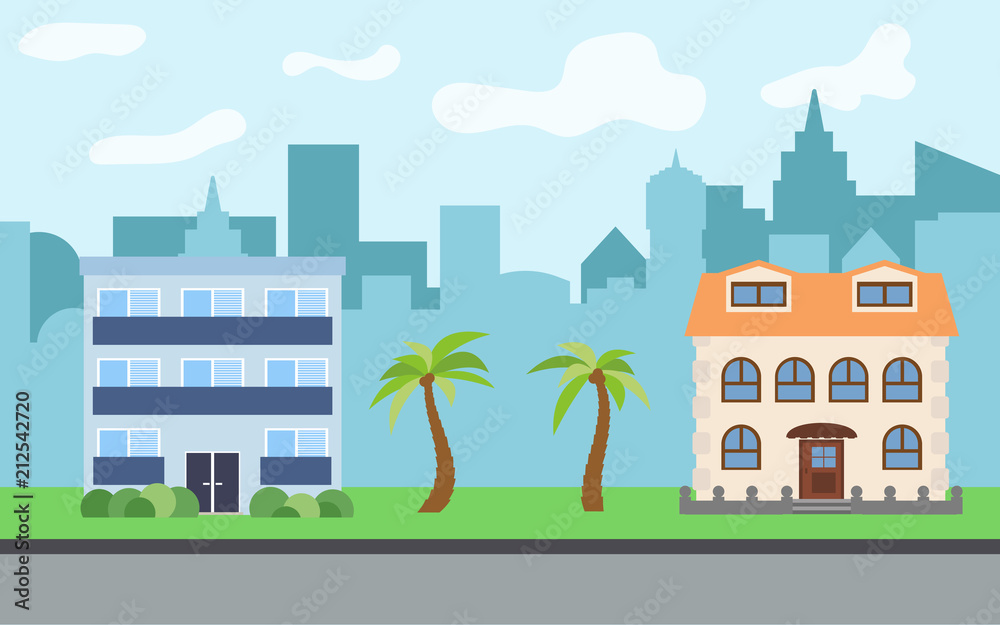 Plakat Vector city with two-story and three-story cartoon houses and palm trees in the sunny day. Summer urban landscape. Street view with cityscape on a background