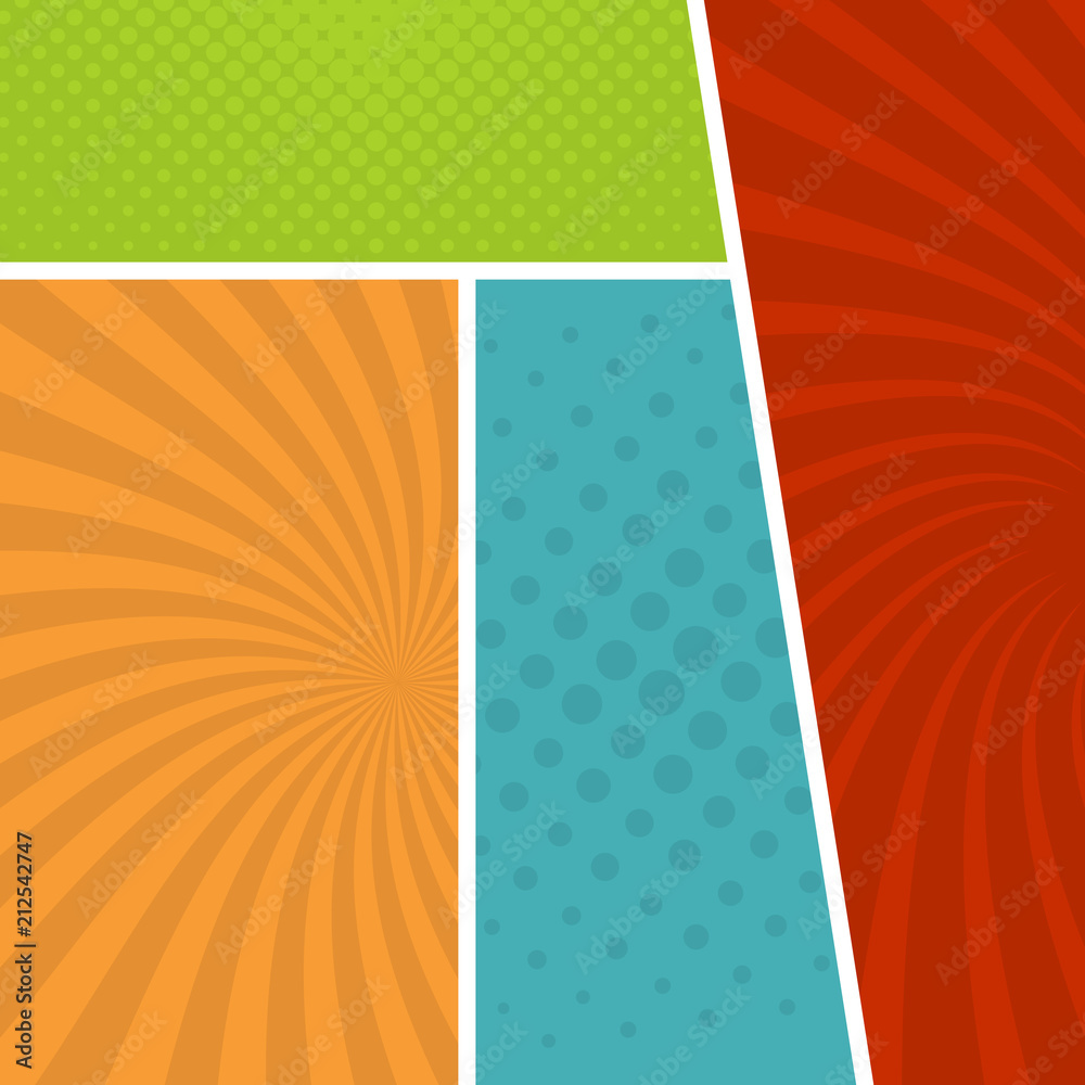 Obraz premium Colorful comic book page background in pop art style. Empty template with rays and dots pattern. Vector illustration 