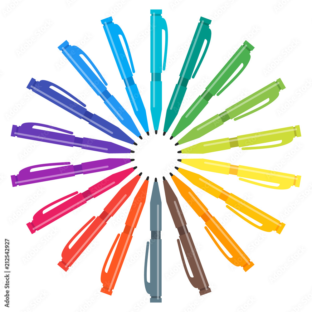 Set of multicolored pens placed in a circle. Vector illustration.
Set of multicolored pens placed in a circle. Vector illustration.