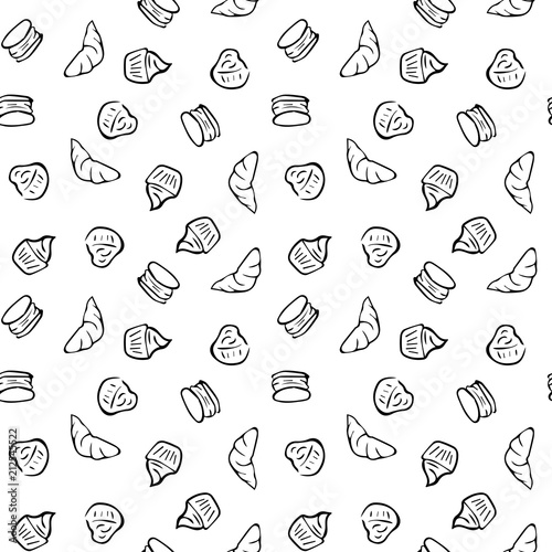 Pattern of different bakery products bun, cupcake, croissant and other . Design for pastry shop, supermarket, bakery.