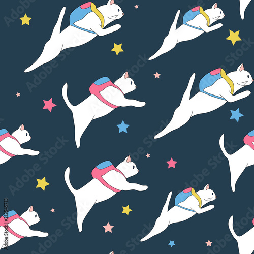 seamless pattern of space cats. white cats with colored backpacks in space pattern