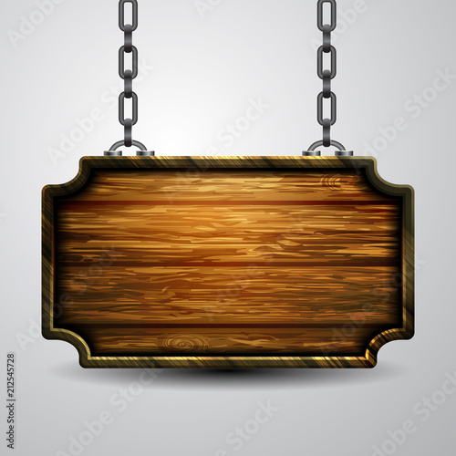 Blank wooden signboard hanging on chain isolated on white background