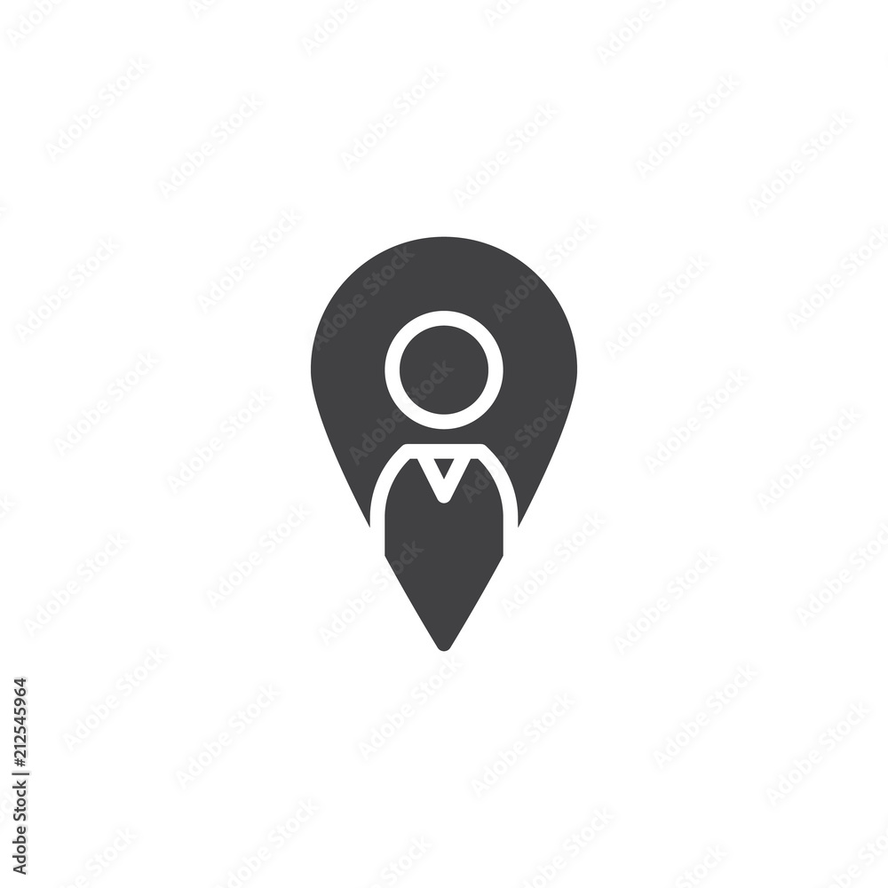 Man location pin vector icon. filled flat sign for mobile concept and web design. Map pointer with person simple solid icon. Symbol, logo illustration. Pixel perfect vector graphics Man location pin vector icon. filled flat sign for mobile concept and web design. Map pointer with person simple solid icon. Symbol, logo illustration. Pixel perfect vector graphics