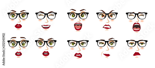 Comic emotions. Woman with glasses facial expressions, gestures, emotions happiness surprise disgust sadness rapture disappointment fear surprise joy smile despondency. Cartoon icons set isolated.