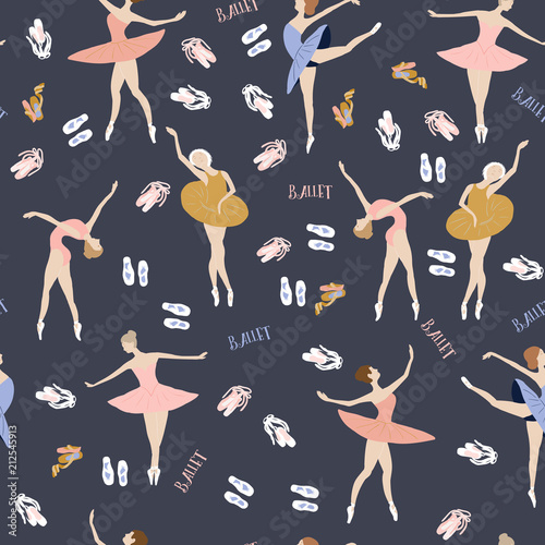 Seamless pattern of ballet dancers in different poses. against a dark background