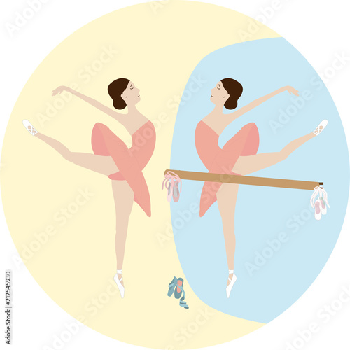 Colorful ballet dancer concept with ballerina training in front of mirror in room vector illustration