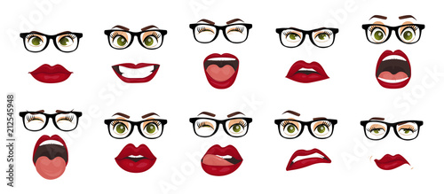 Comic emotions. Woman with glasses facial expressions, gestures, emotions happiness surprise disgust sadness rapture disappointment fear surprise joy smile despondency. Cartoon icons set isolated.