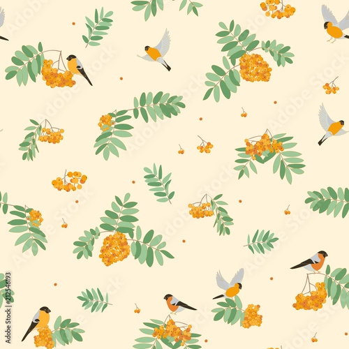 Bullfinches on mountain ash  fly  sit. seamless pattern. orange colors  warm colors