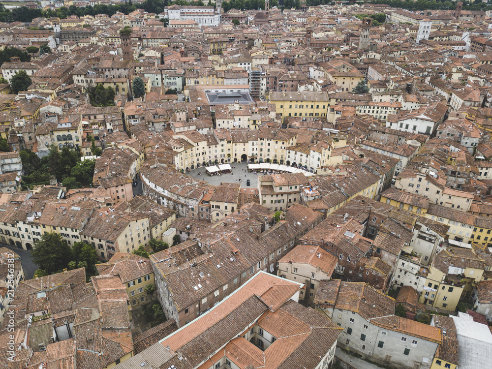 Amphitheater Square. Lucca city. Aerial view. Italy. View from above