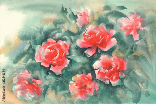 orange roses in green background watercolor