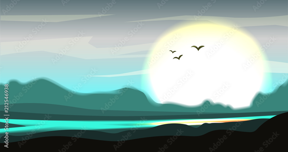 Mountain valley minimalistic vector illustration with river, palm and hills silhouette. Calm vector mountain mountains valley illustration, bright sun. Mountain valley concept minimalistic landscape