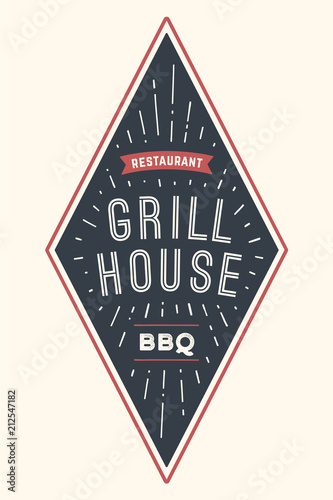 Logo template of bbq grill meat restaurant with grill symbols, text Grill House, BBQ, Restaurant. Brand graphic template for meat business or design - menu, poster, banner, label. Vector Illustration