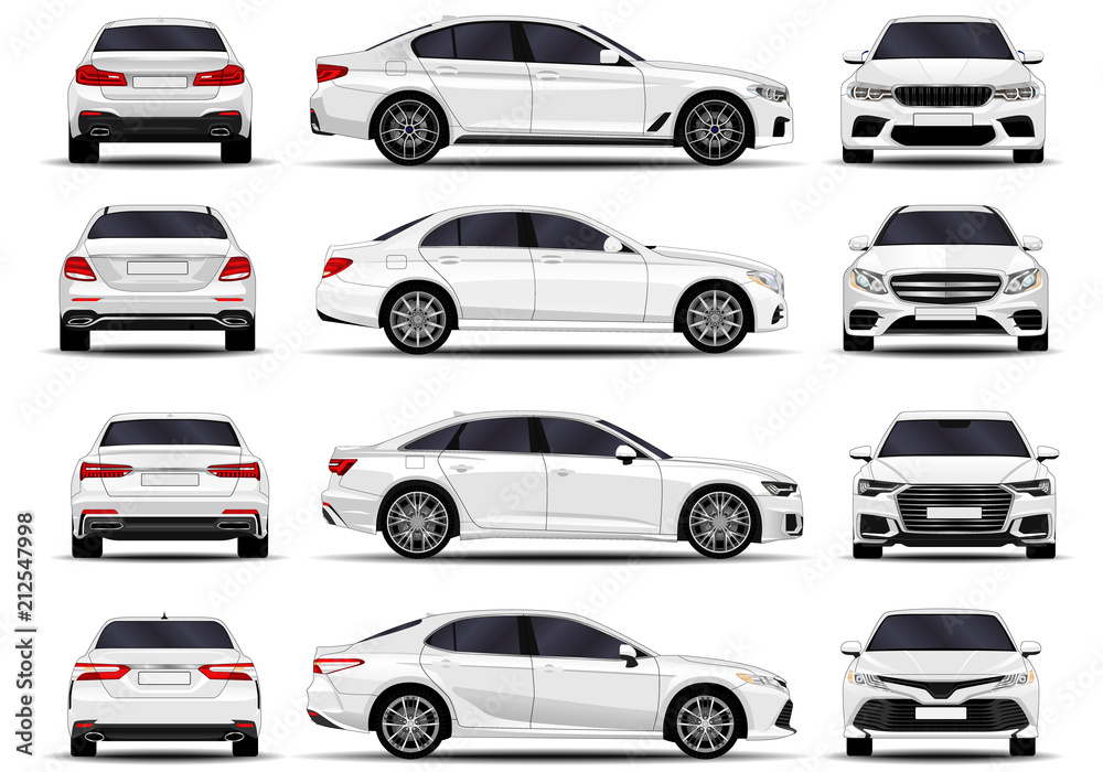realistic cars set. sedan. front view; side view; back view. Stock