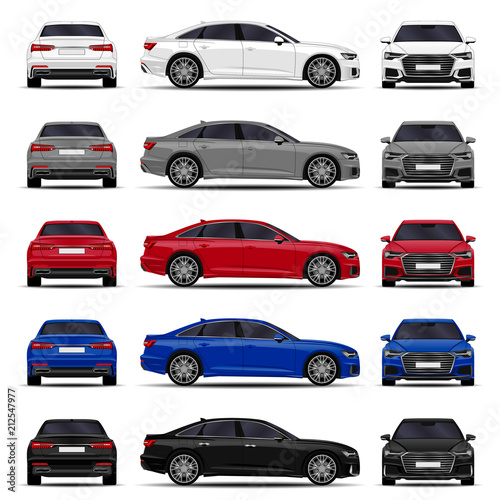 realistic cars set. sedan. front view; side view; back view.