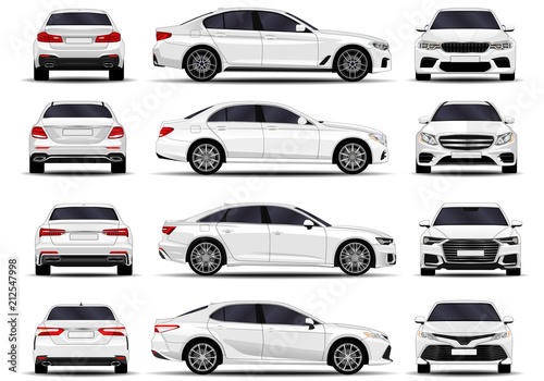realistic cars set. sedan. front view; side view; back view.