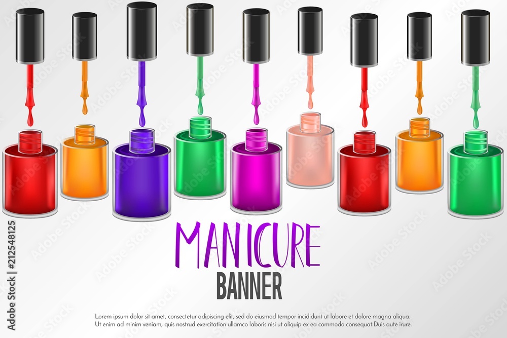 Banner design with realistic manicure nail polish bottles and space for  text. Mesh gradient object of colored realistic bottles. Nail care salon  label. Vector illustration. Stock Vector | Adobe Stock