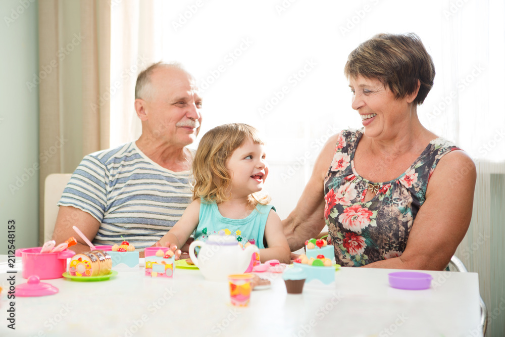 Grandparents and granddaughter are playing with toys and spending time together at home. Grandparents and granddaughter are playing with toys and spending time together at home.