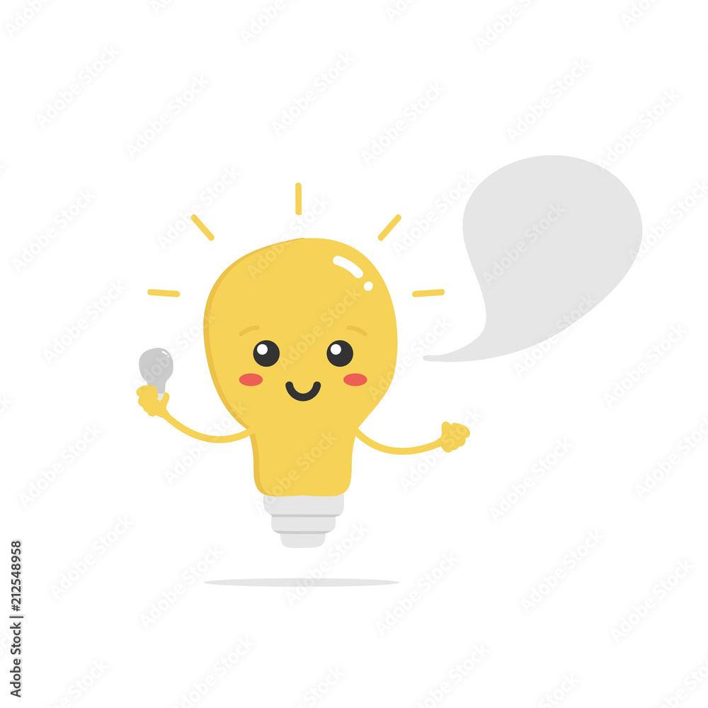 Cute vector cartoon shining light bulb, lamp character with empty speech  bubble and bulb in hand. Concept of electricity knowledge and advices for  kids and adults. Stock Vector | Adobe Stock