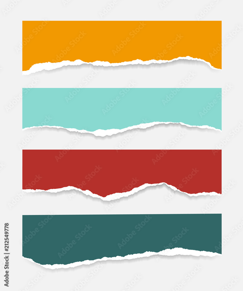 Four torn sheets of paper of different colors with shadow, isolated on a white background, suitable for infographics