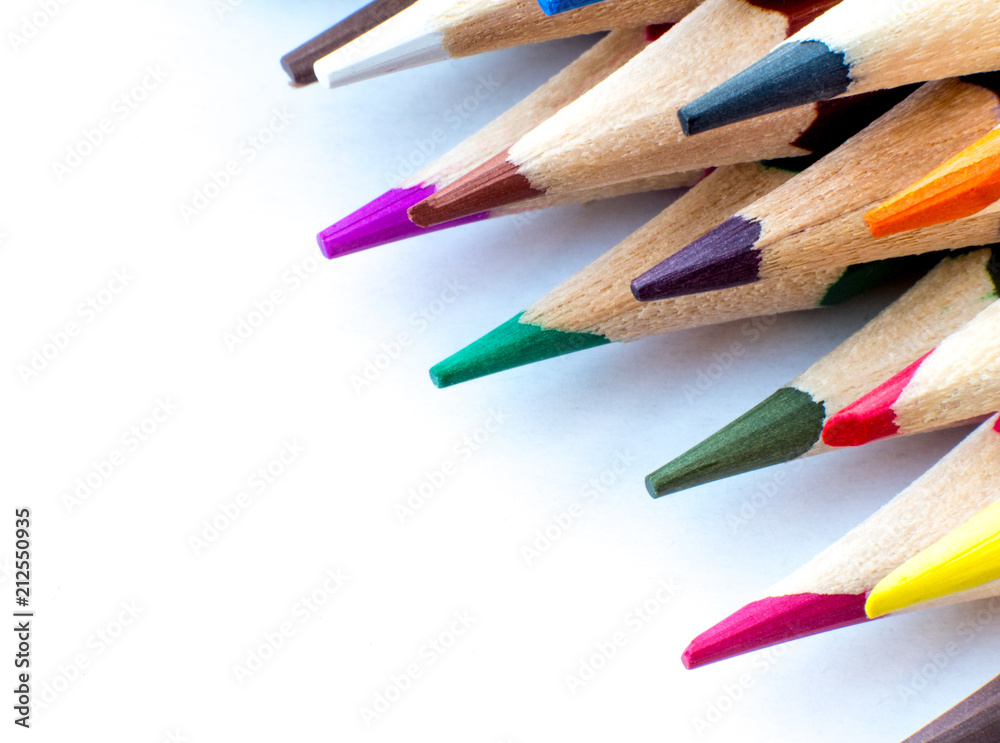 Close up macro shot of color pencil pile pencil nibs Design Copy Space Supplies Top View Flat Lay. Concept Back To School. Close up macro shot of color pencil pile pencil nibs Design Copy Space Supplies Top View Flat Lay. Concept Back To School.